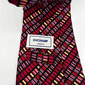 Duchamp London Mens Silk Tie Red Pink Yellow Geometric Grid Made in England